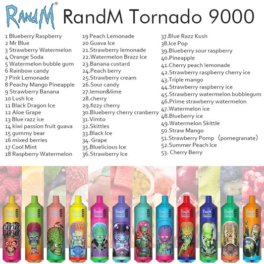 RANDM TORNADO 9000 Disposable Vape Wholesale,850 mAh 18 ML 50 Flavors