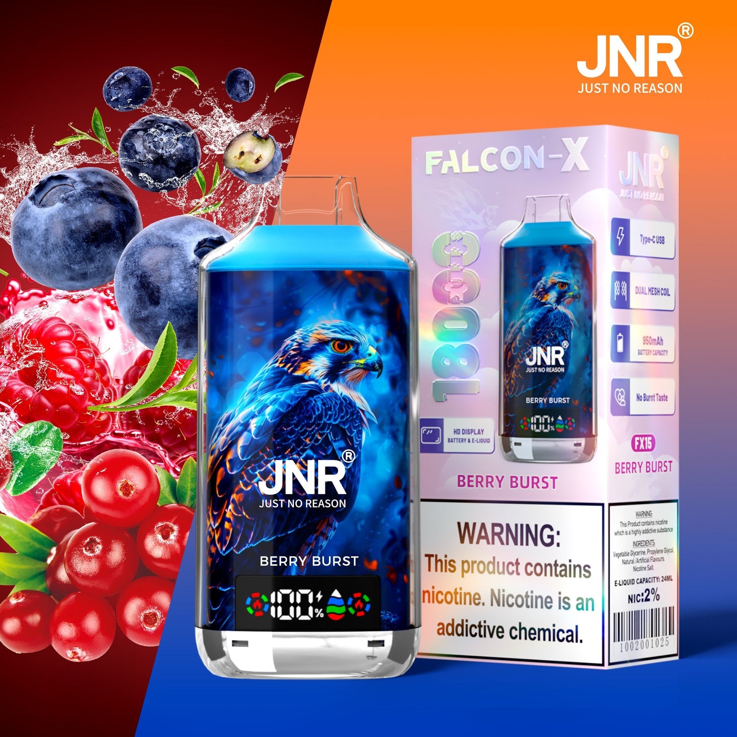 JNR FALCON X 18000 18k Puffs LED Display Hot Sale Disposable Vap-950mAh Battery, 24ml E-liquid, Multiple Nicotine 29 Flavors