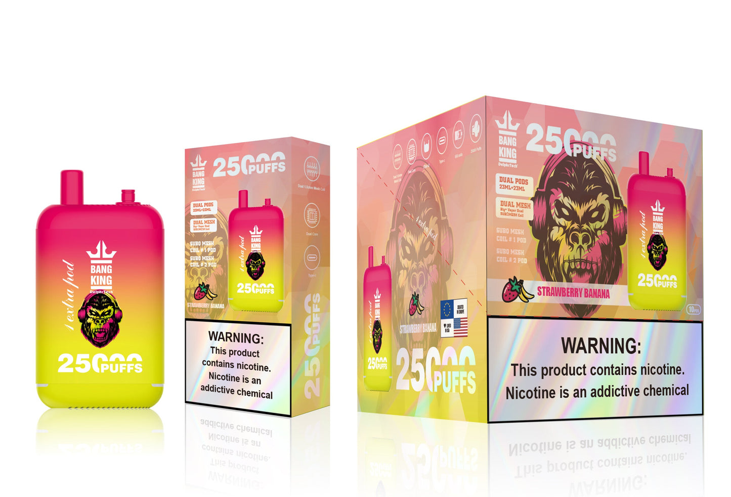 Bang King 25000 Puffs - （23ml+23ml ）e-liquid Dual Tank (0% to 5% Nicotine) 650mAh Battery 12 Flavors