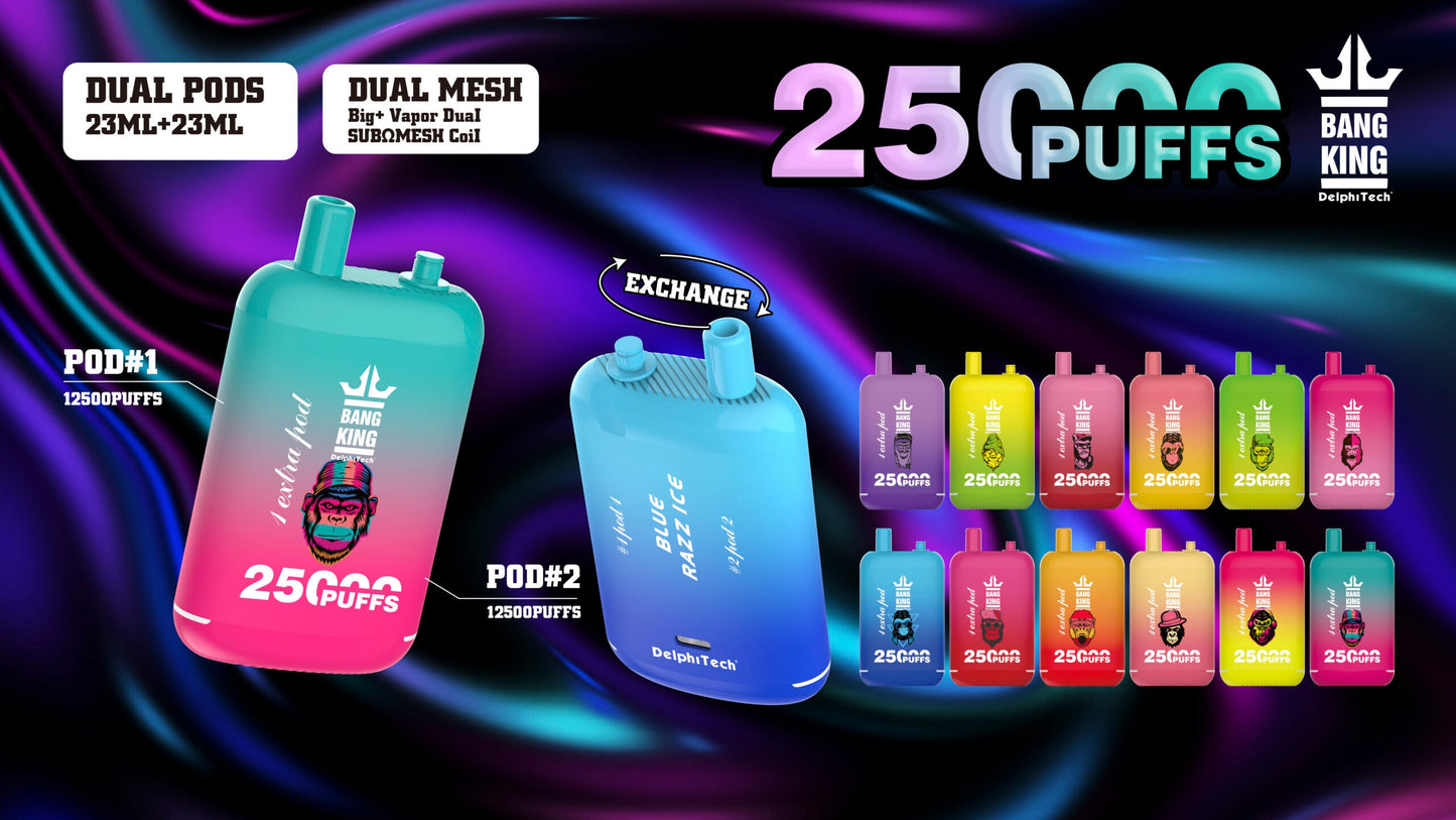 Bang King 25000 Puffs - 46mL pre-filled e-liquid Dual Tank (0% to 5% Nicotine);650mAh Battery 12 Flavors