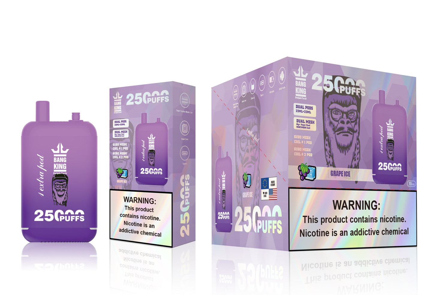 Bang King 25000 Puffs - （23ml+23ml ）e-liquid Dual Tank (0% to 5% Nicotine) 650mAh Battery 12 Flavors