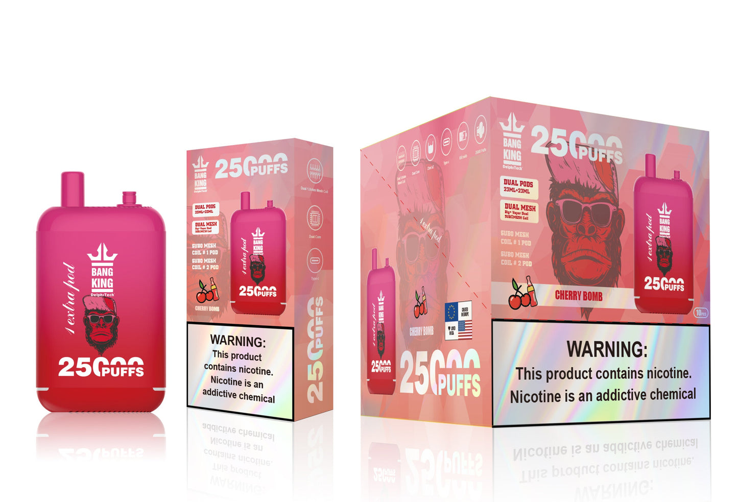 Bang King 25000 Puffs - 46mL pre-filled e-liquid Dual Tank (0% to 5% Nicotine);650mAh Battery 12 Flavors