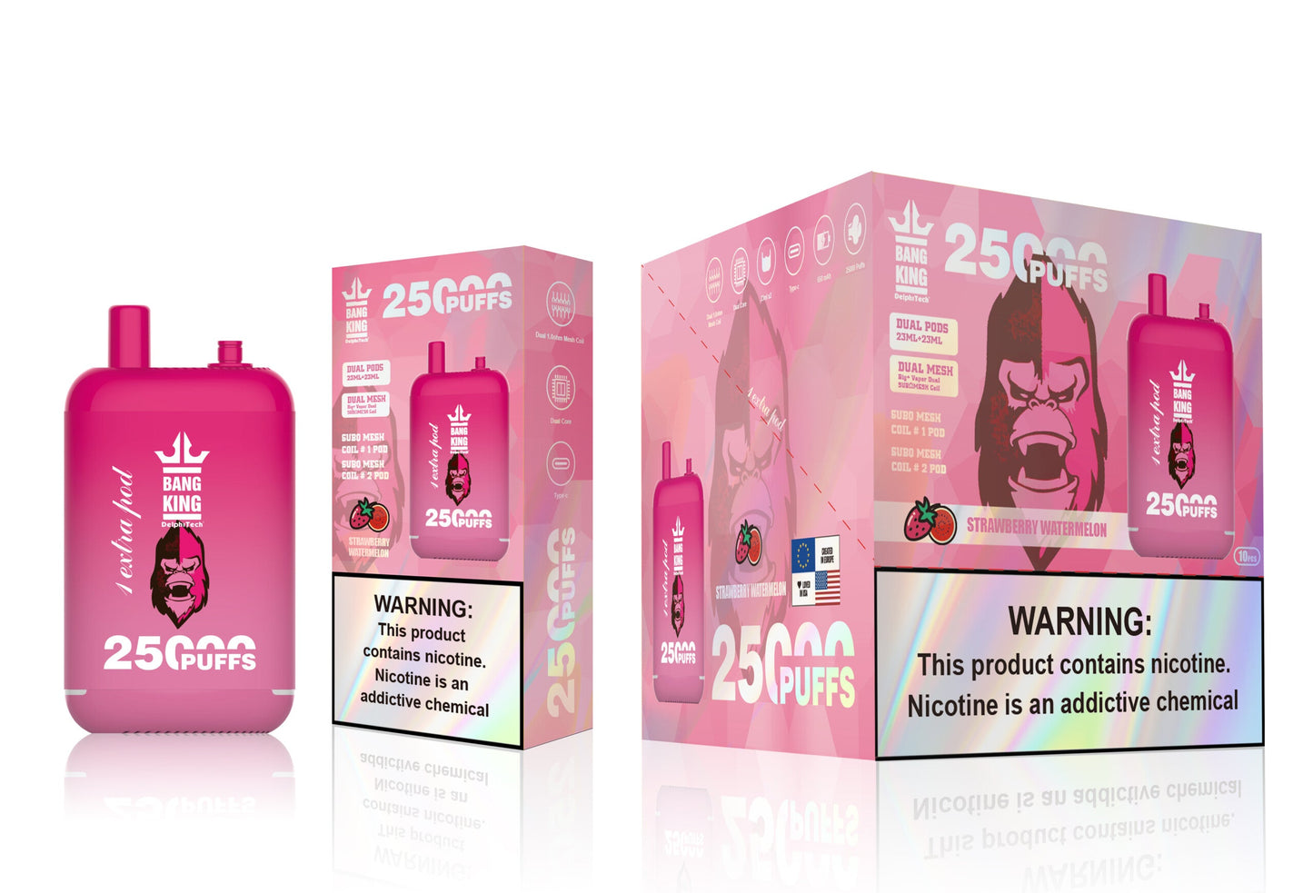 Bang King 25000 Puffs - 46mL pre-filled e-liquid Dual Tank (0% to 5% Nicotine);650mAh Battery 12 Flavors