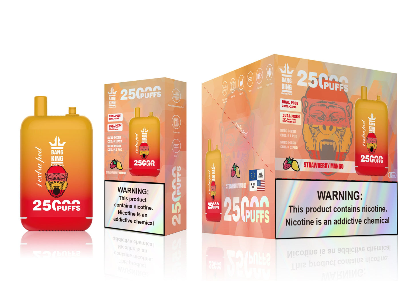 Bang King 25000 Puffs - （23ml+23ml ）e-liquid Dual Tank (0% to 5% Nicotine) 650mAh Battery 12 Flavors