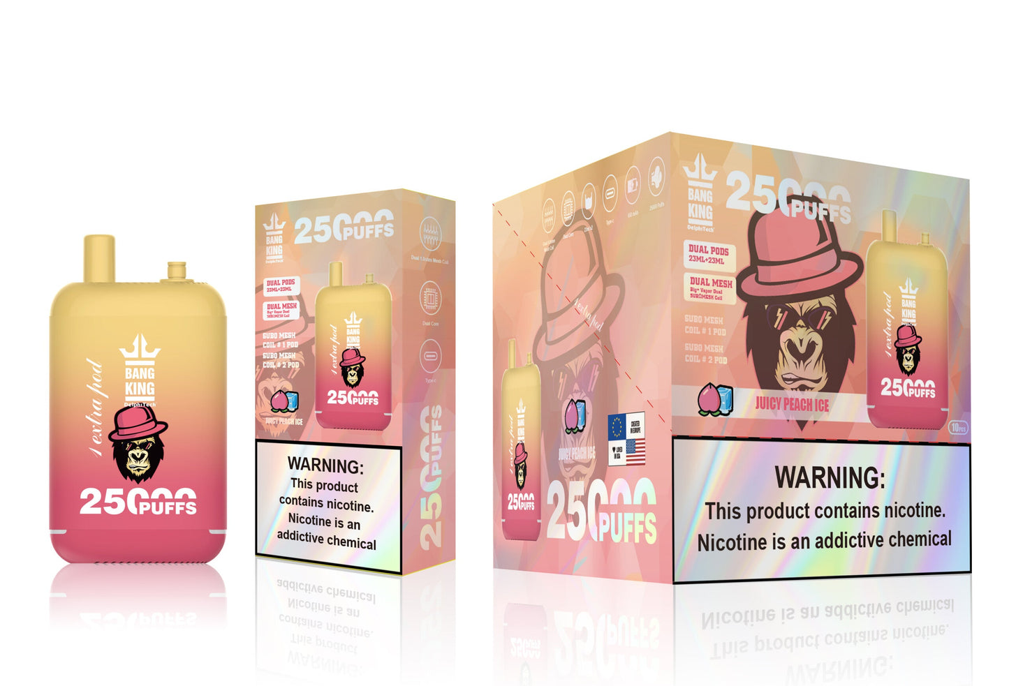 Bang King 25000 Puffs - 46mL pre-filled e-liquid Dual Tank (0% to 5% Nicotine);650mAh Battery 12 Flavors