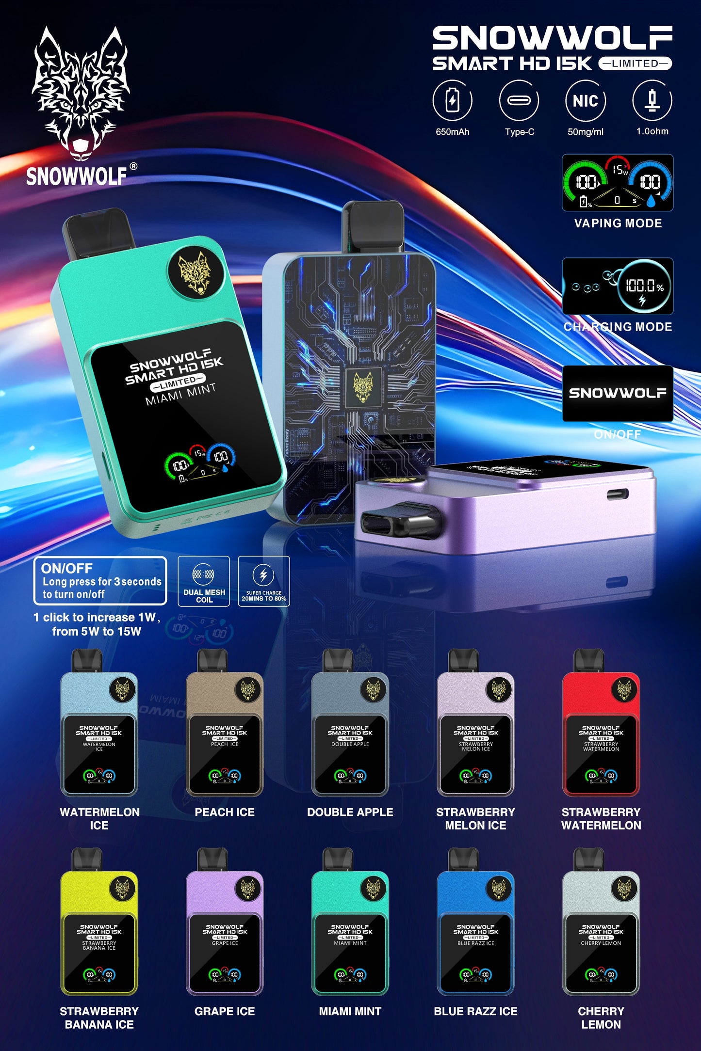 SNOWWOLF Smart HD 15000 Puffs Disposable Vape Wholesale