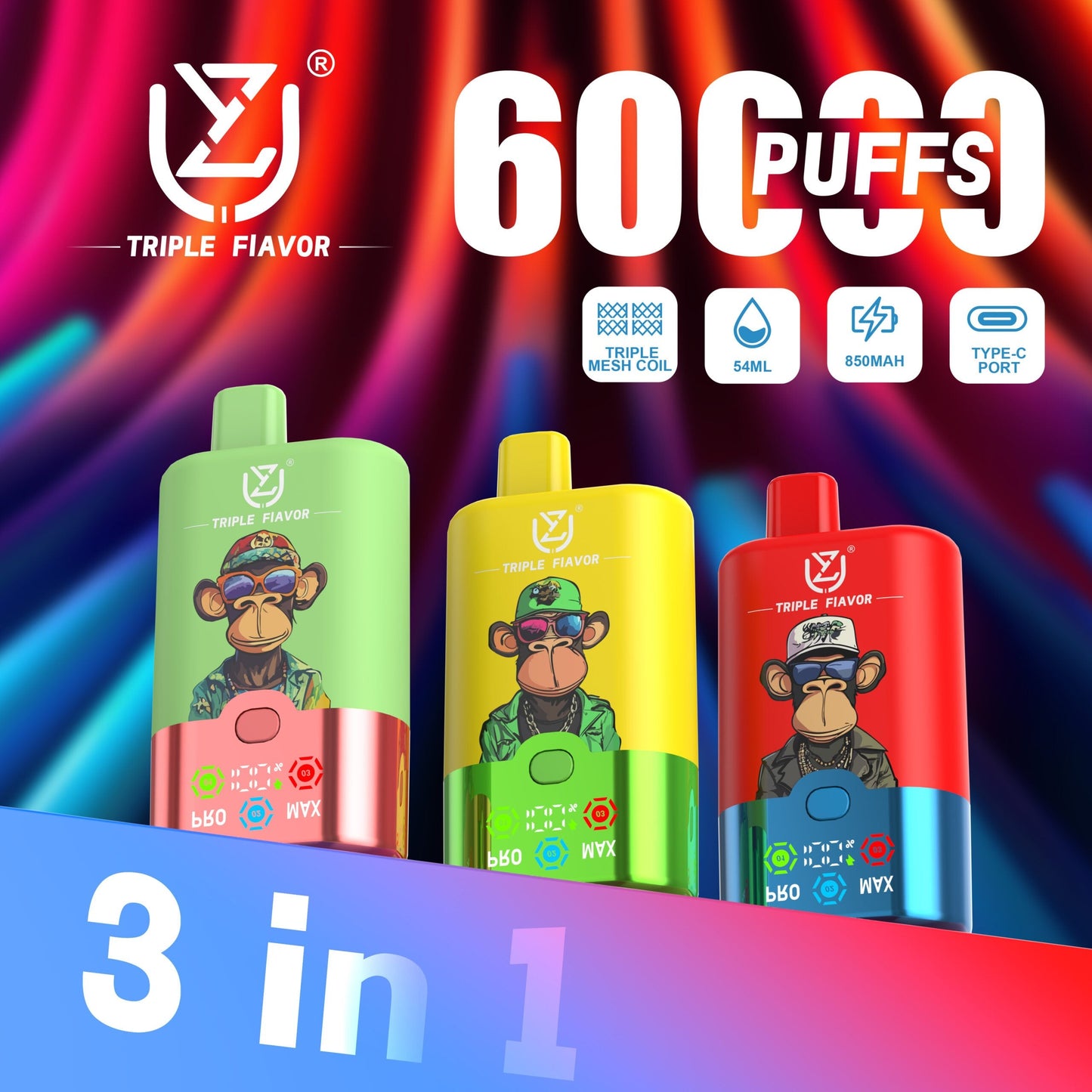 UZY Triple Flavor 60000 Puffs Vape 3 in 1 Disposable E Cigarette with Smart LED Display