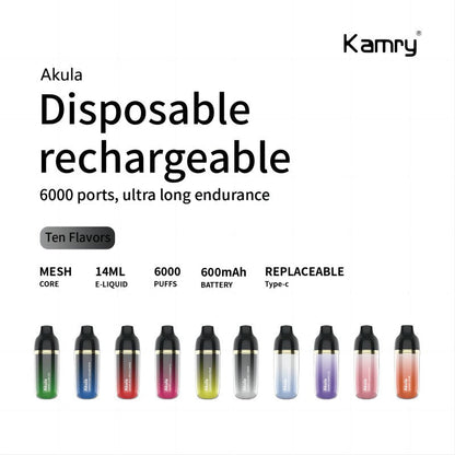 Kamry Akula 6000 Puffs Disposable Vape Wholesale-600mAh battery, 14ml E-liquid, Multiple Nicotine 10 Flavors