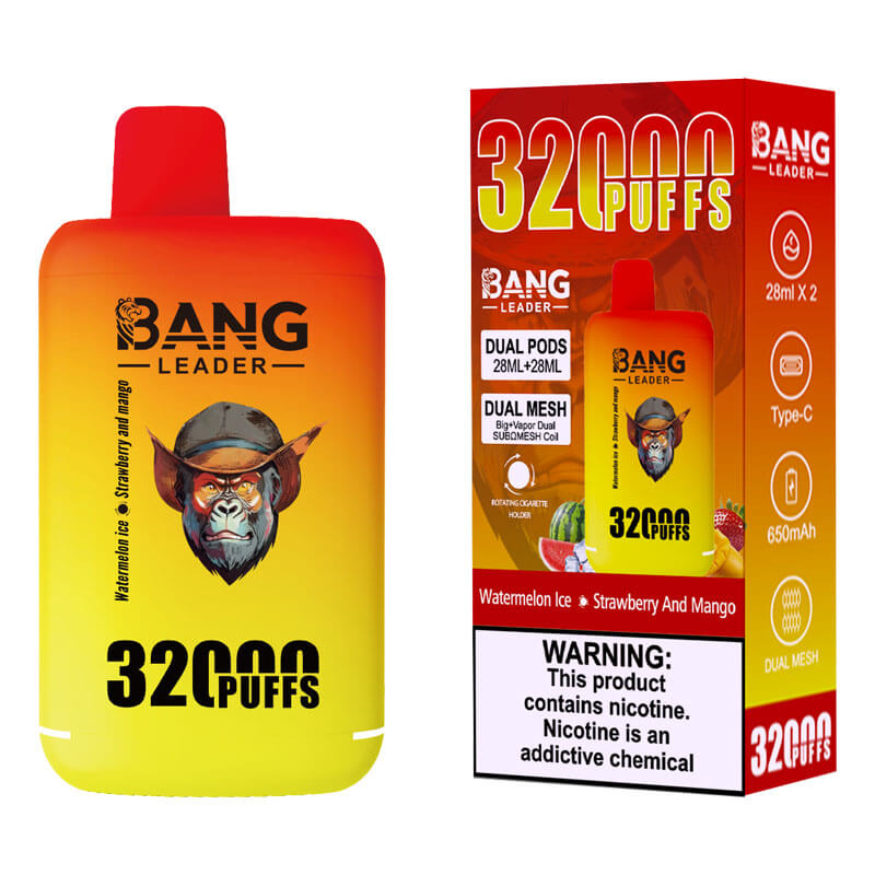 Bang Leader 32000 Puffs Disposable Vape (0% to 5% Nicotine) - Dual Pods, 26ml+26ml E-Liquid 650mah Type-C Rechargeable 18  Flavors