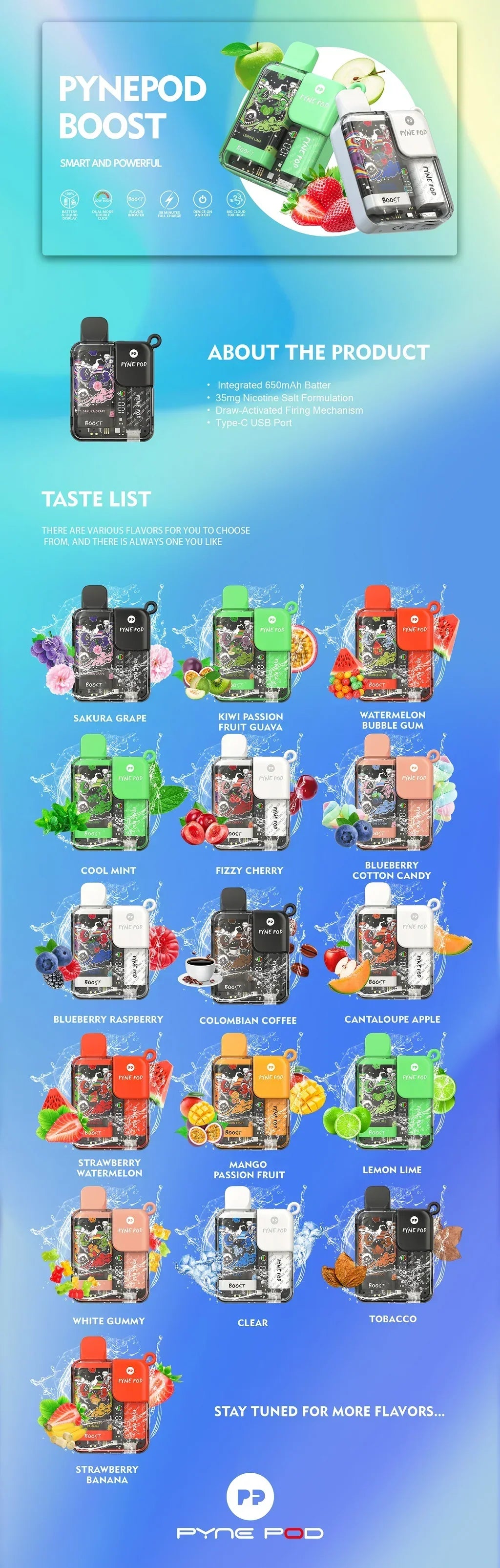 PACK OF 5 PC OFFER - Pynepod 8500 Puffs Disposable Vape 16 Flavors 20mg Nico 2ML Battery Display 550mAh battery
