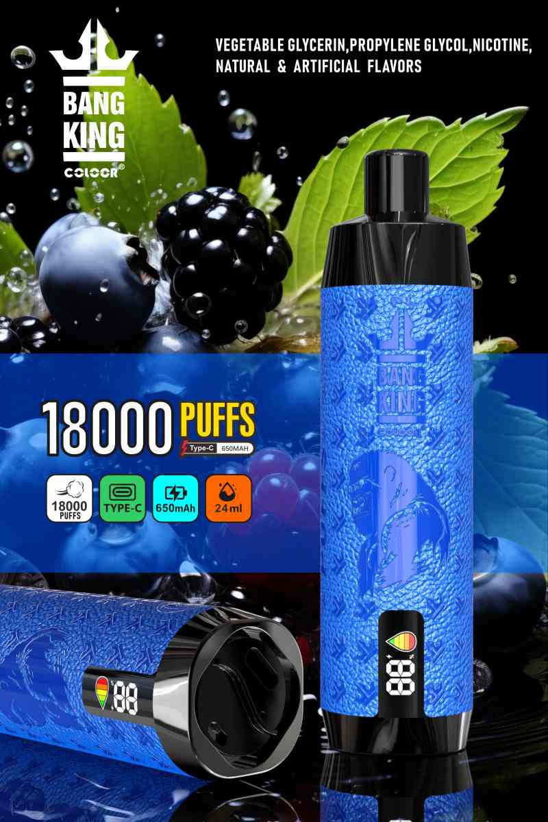 Bang King 18000 Puffs Dtl Disposable Vape Shisha Led Displays E-Cigarettes Vapers 18k Puff-650mAh Battery, 24ml E-liquid, Multiple Nicotine 12 Flavors
