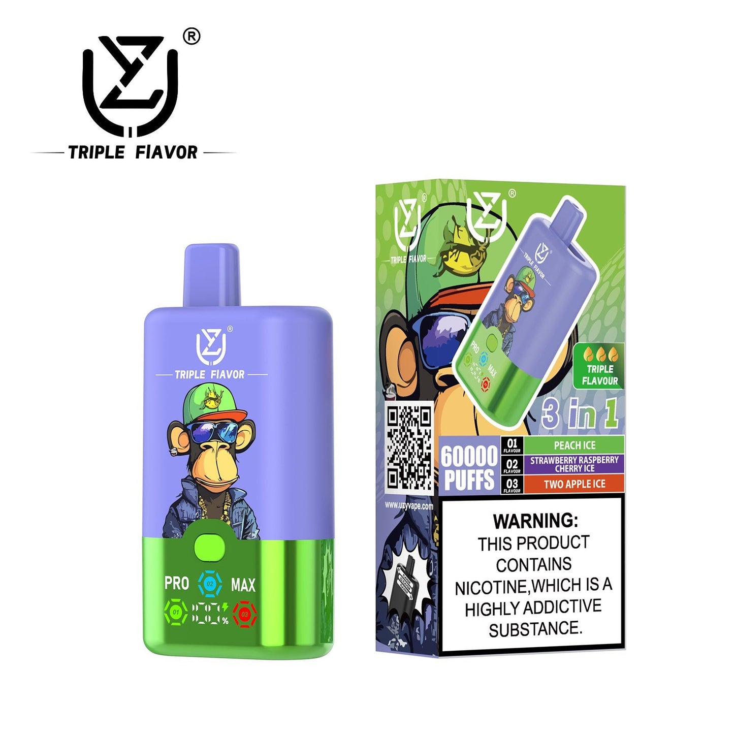UZY Triple Flavor 60000 Puffs Vape 3 in 1 Disposable E Cigarette with Smart LED Display